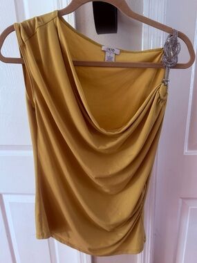 Cache One-Shoulder Cowl Top in Mustard with Jeweled Strap